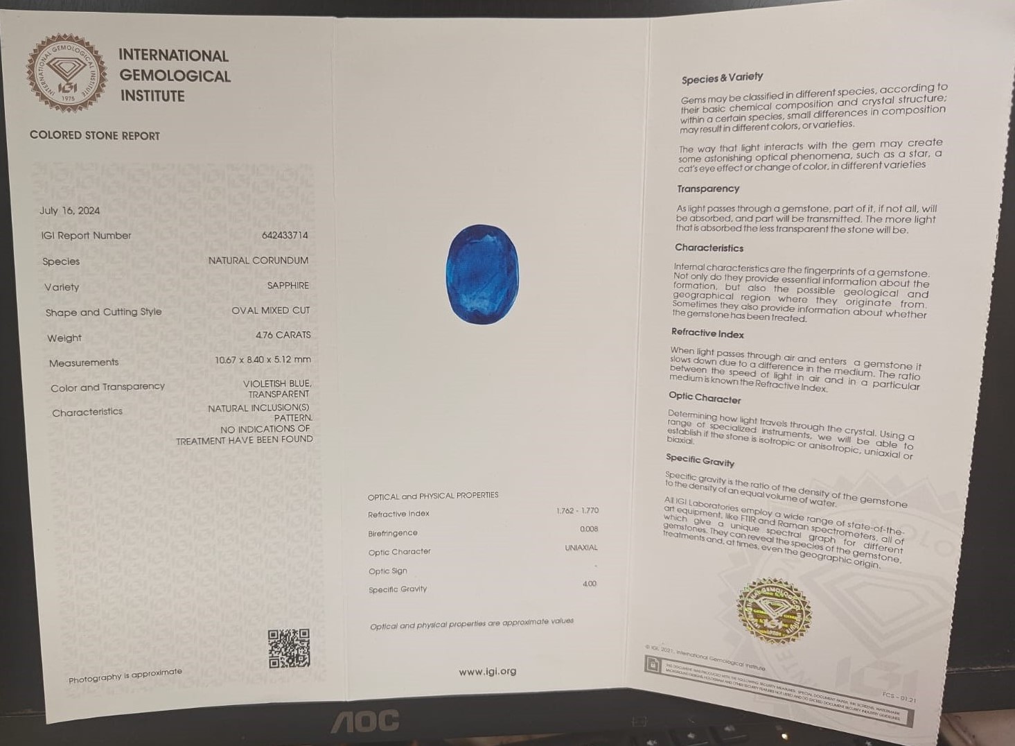BLUE SAPPHIRE 4.76 Ct.