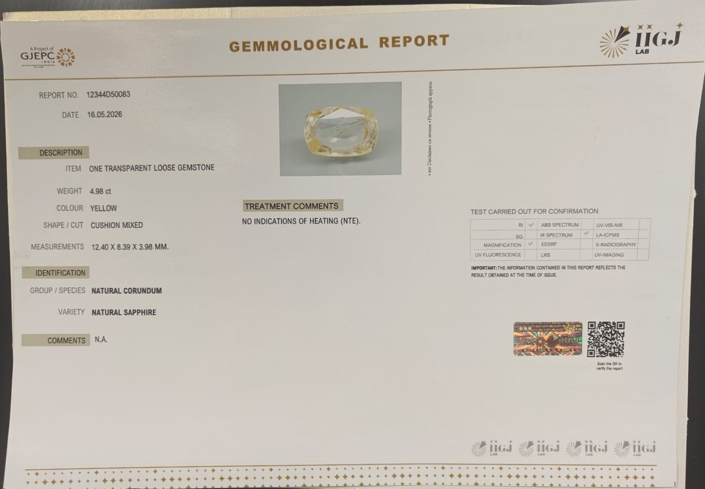 YELLOW SAPPHIRE 4.98 Ct.