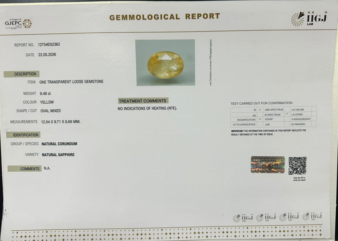 YELLOW SAPPHIRE 9.49 Ct.