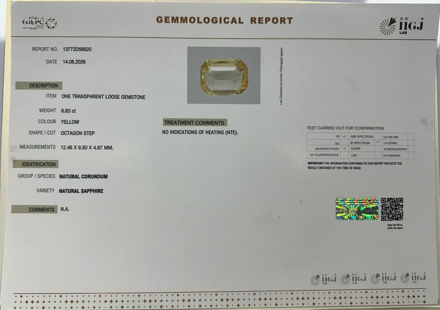 YELLOW SAPPHIRE 6.83 Ct.