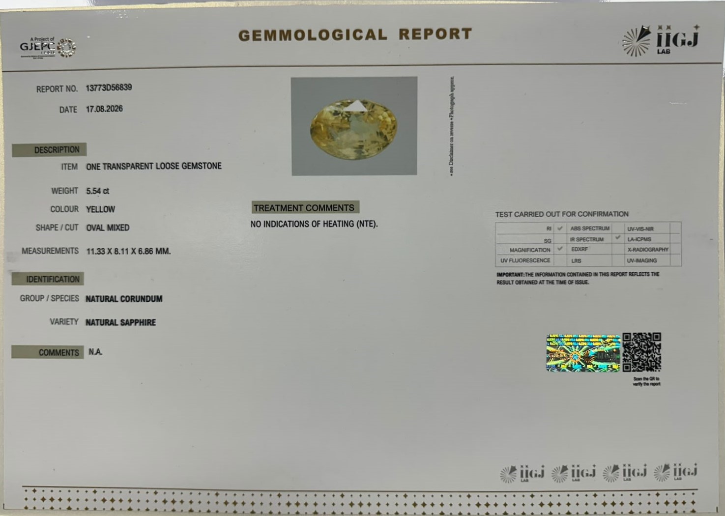 YELLOW SAPPHIRE 5.54 Ct.