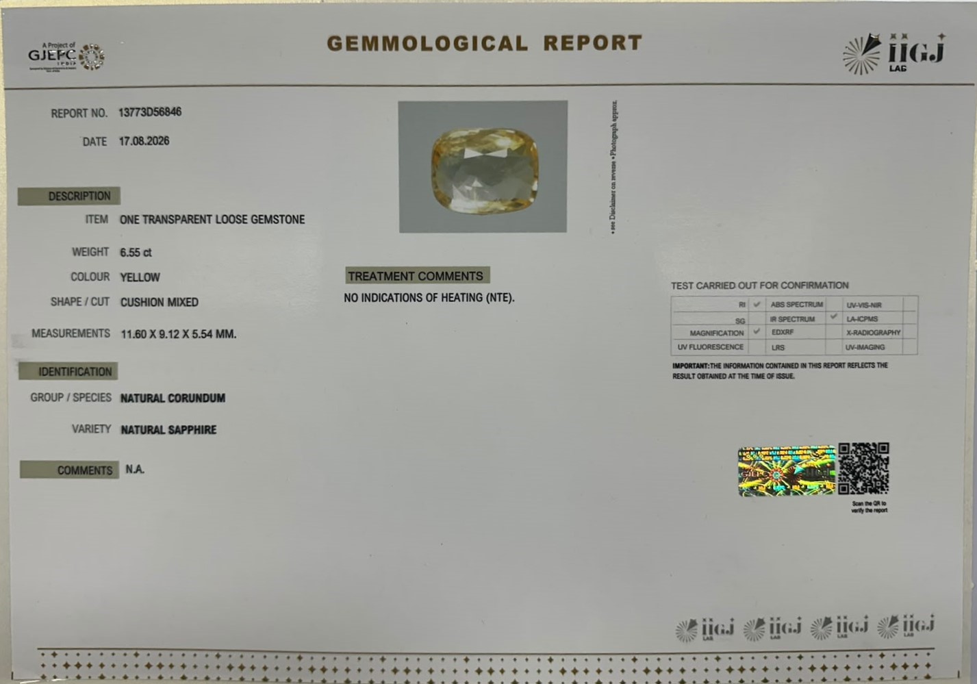 YELLOW SAPPHIRE 6.55 Ct.