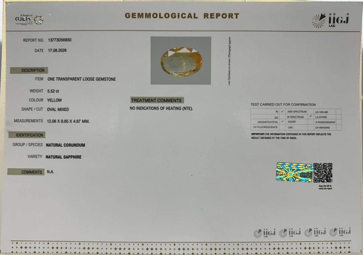 YELLOW SAPPHIRE 5.52 Ct.