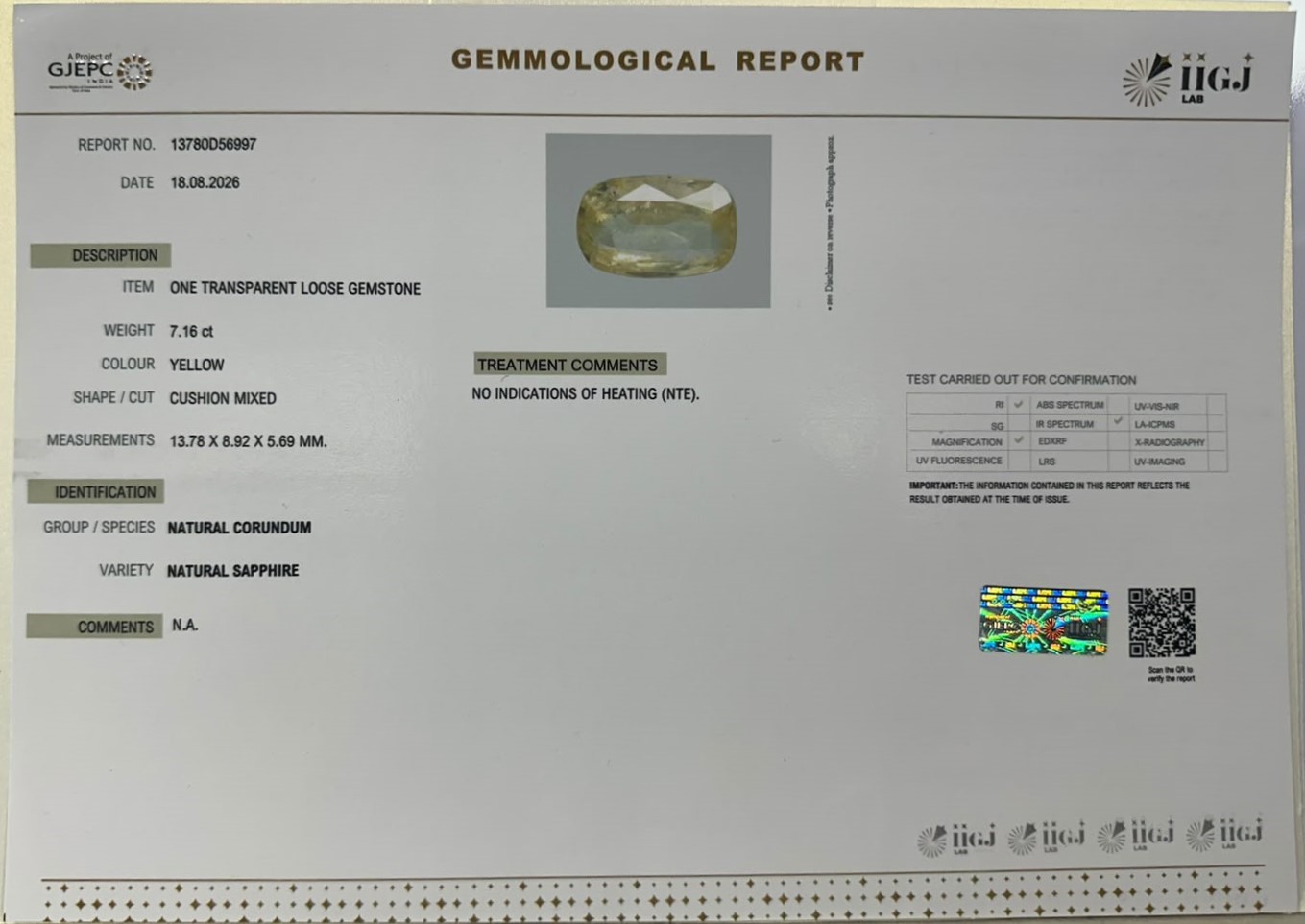 YELLOW SAPPHIRE 7.16 Ct.