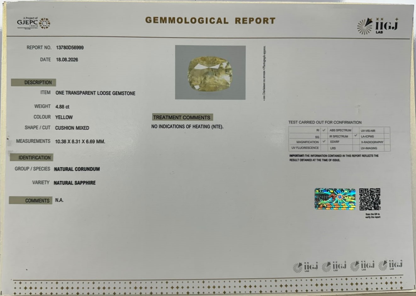YELLOW SAPPHIRE 4.88 Ct.