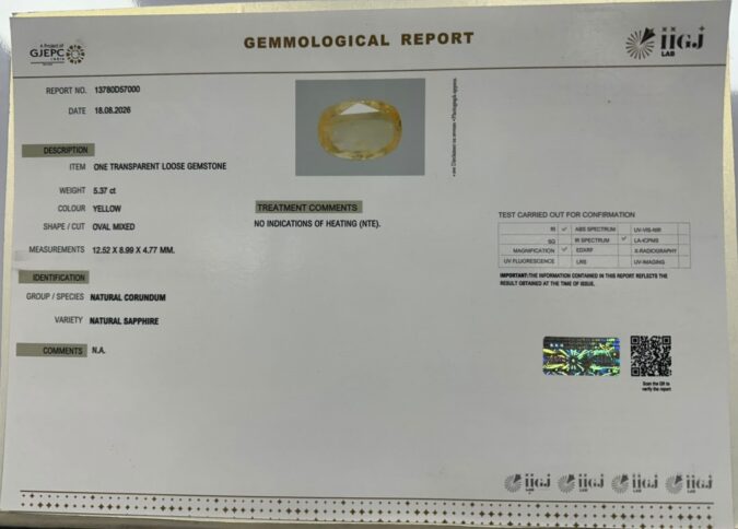 YELLOW SAPPHIRE 5.37 Ct.