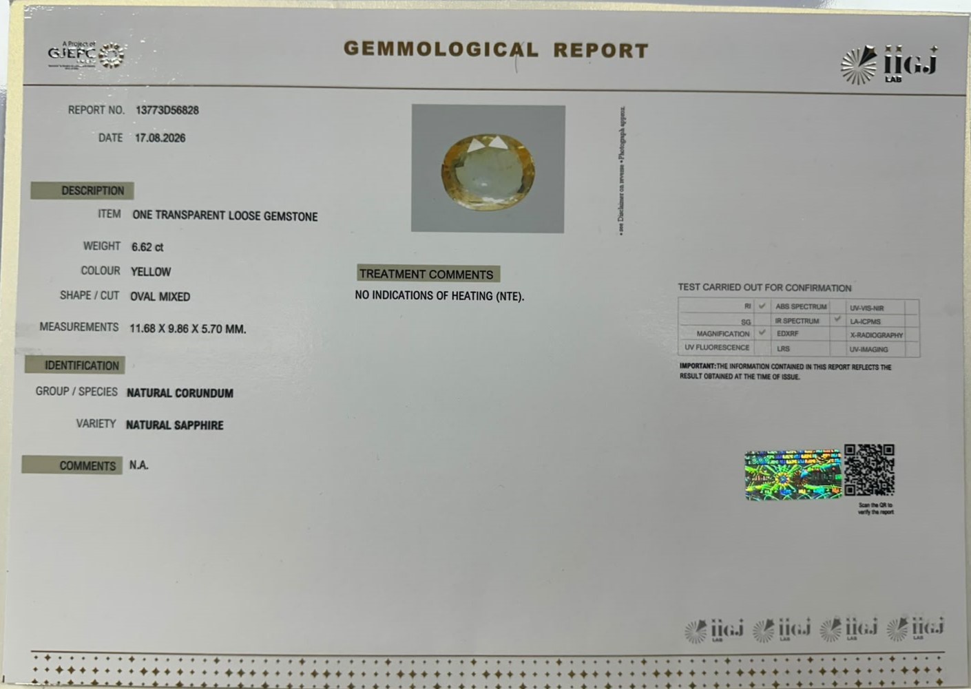 YELLOW SAPPHIRE 6.62 Ct.