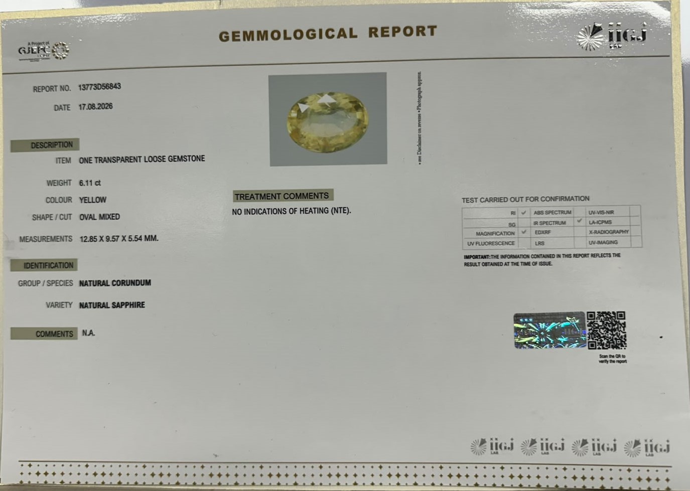 YELLOW SAPPHIRE 6.11 Ct.