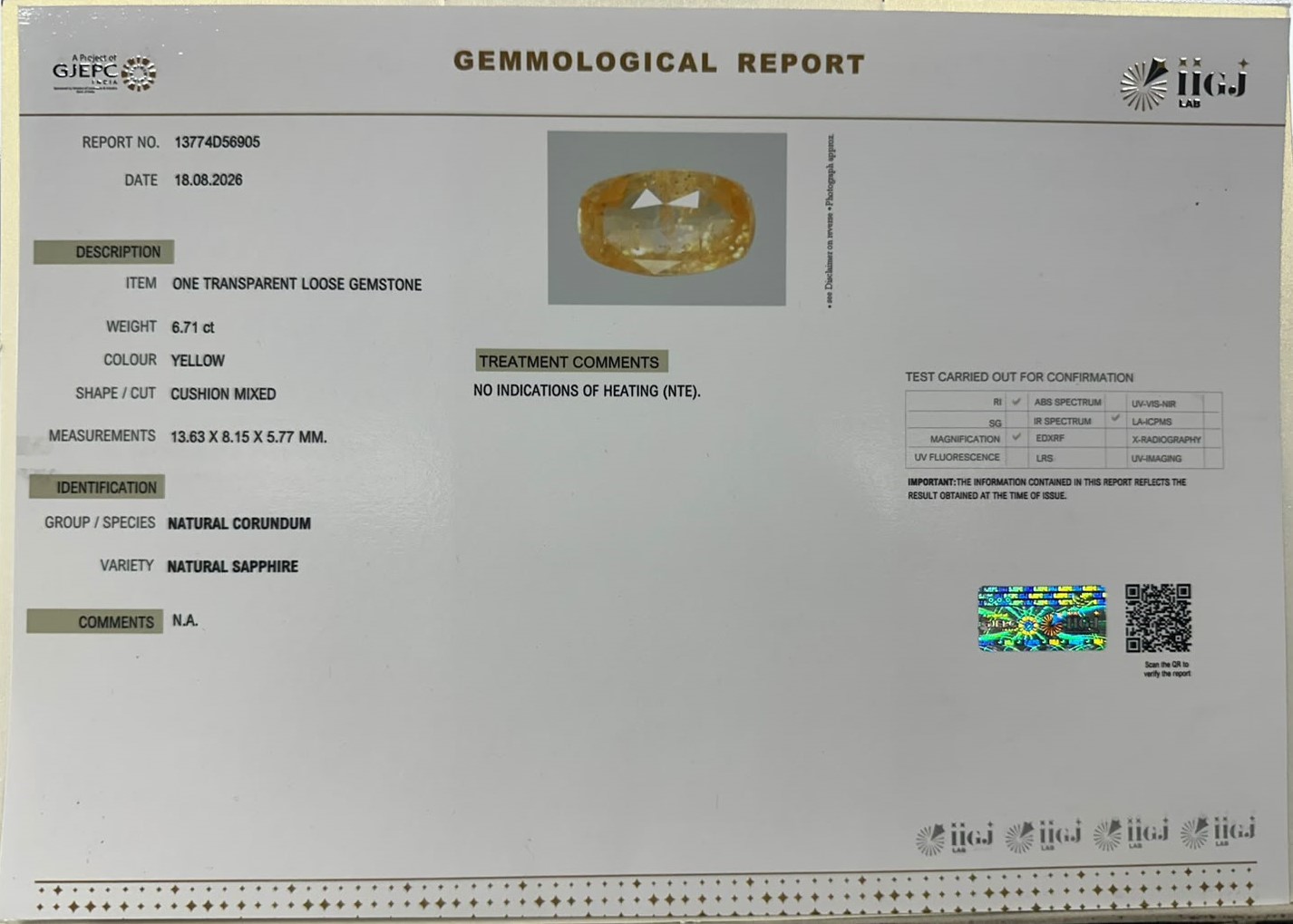 YELLOW SAPPHIRE 6.71 Ct.