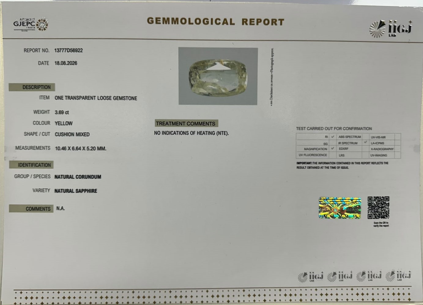 YELLOW SAPPHIRE 3.69 Ct.