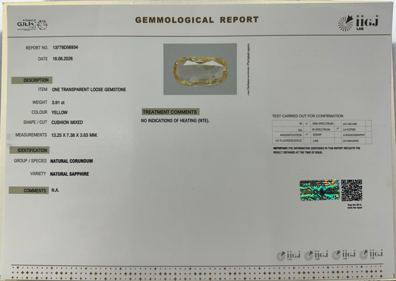 YELLOW SAPPHIRE 3.91 Ct. YELLOW SAPPHIRE 3.91 Ct.