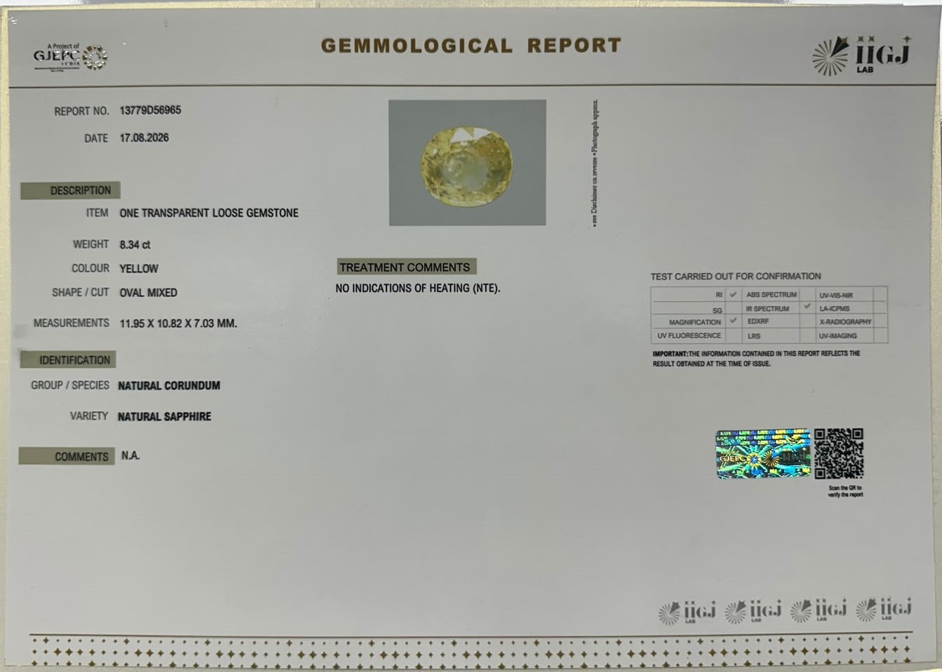 YELLOW SAPPHIRE 8.34 Ct.