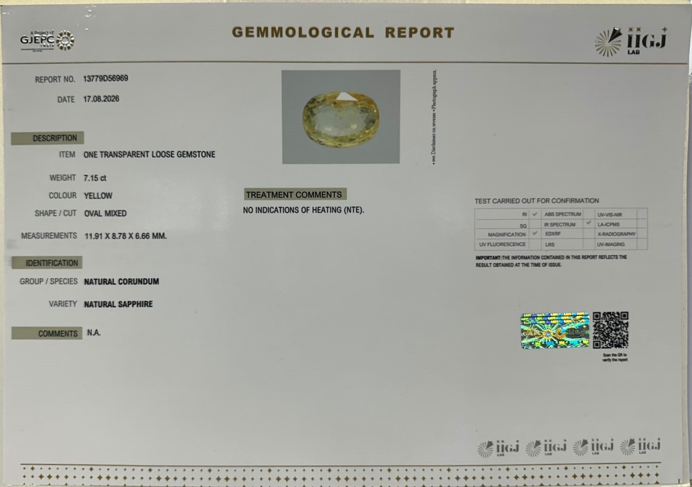 YELLOW SAPPHIRE 7.15 Ct.