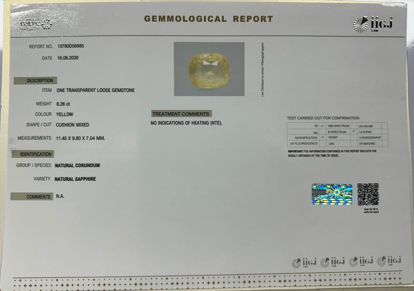 YELLOW SAPPHIRE 8.26 Ct.
