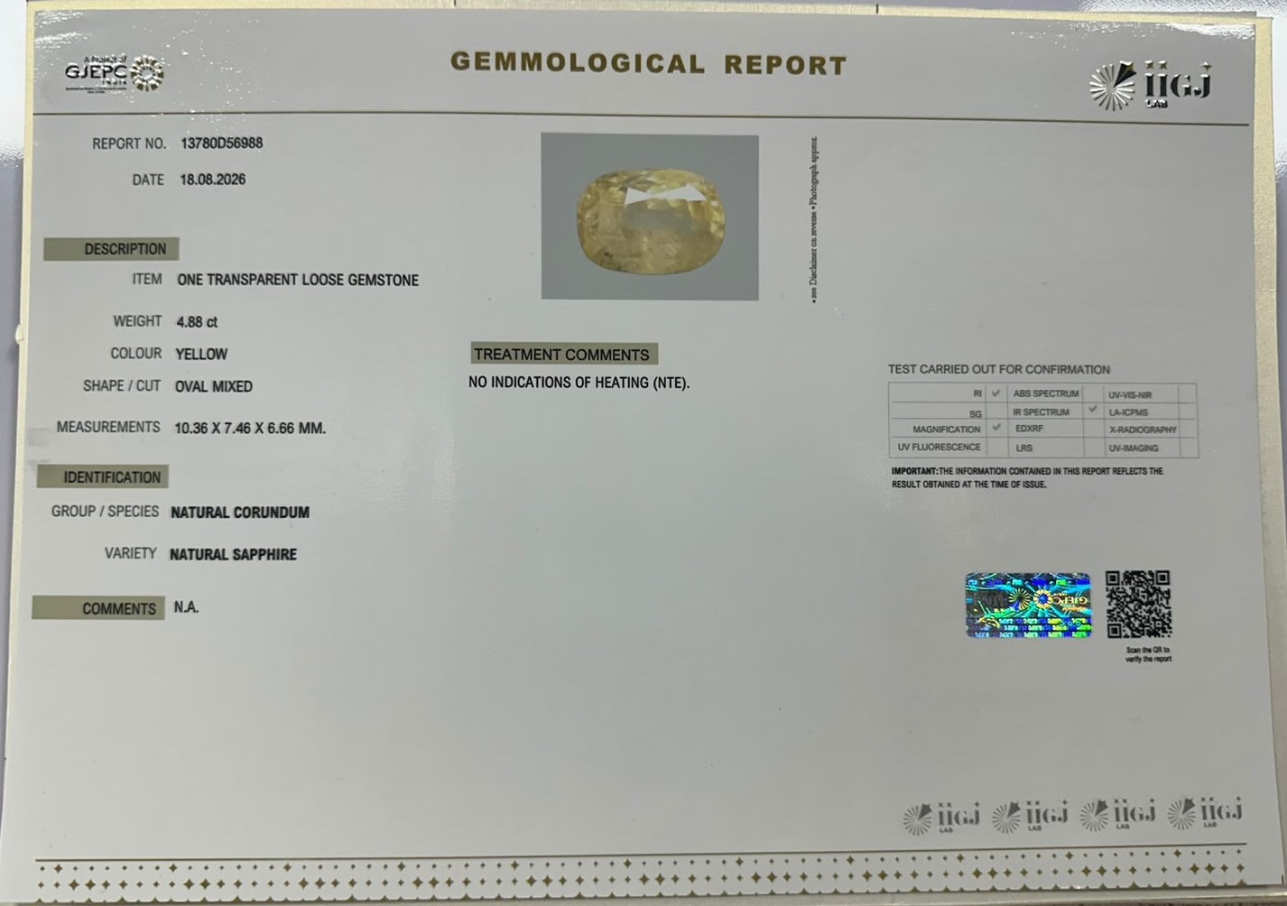 YELLOW SAPPHIRE 4.88 Ct.