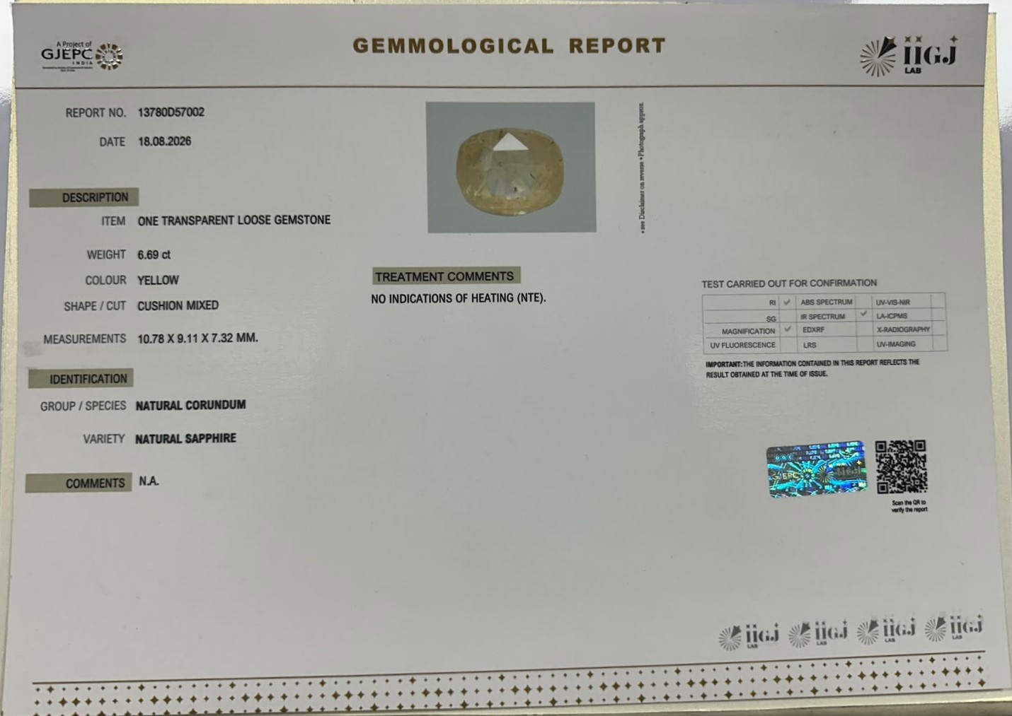 YELLOW SAPPHIRE 6.69 Ct.