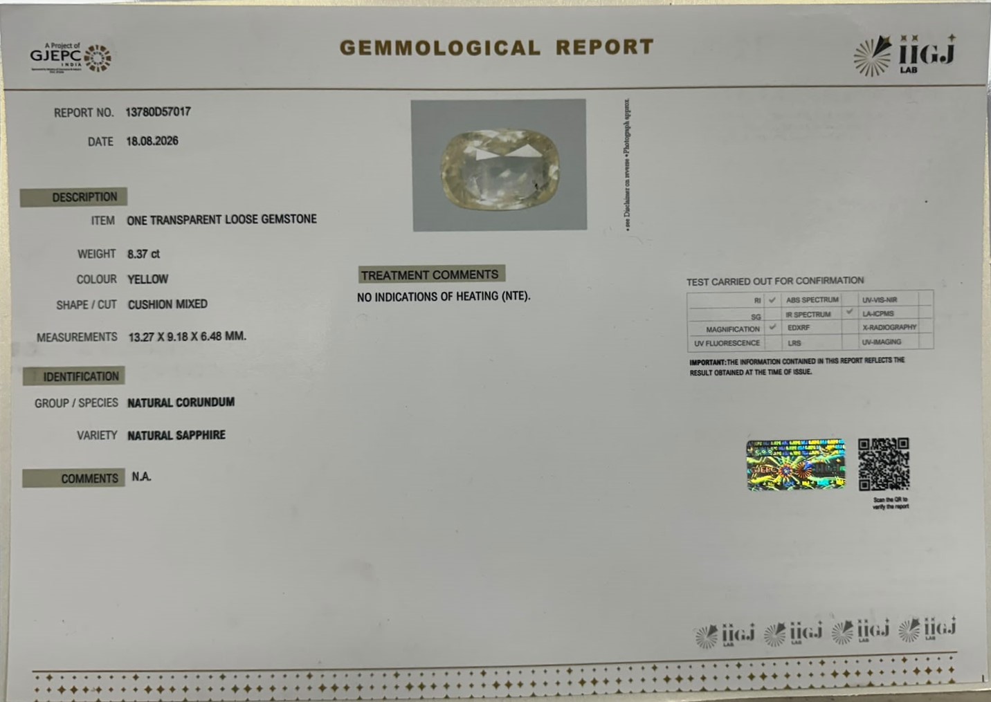 YELLOW SAPPHIRE 8.37 Ct.