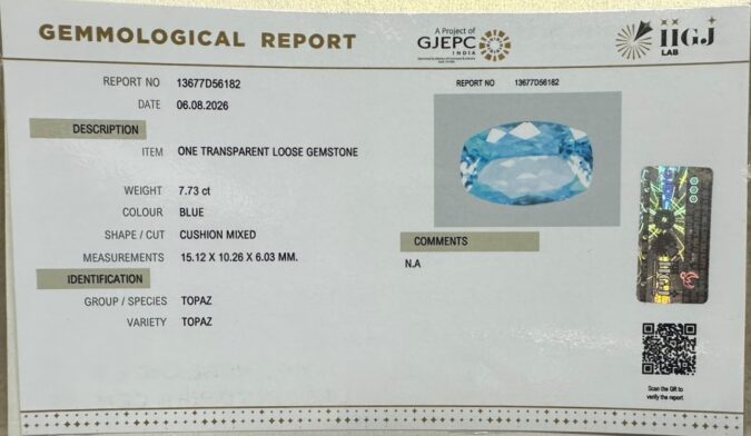 BLUE TOPAZ 7.73 Ct.