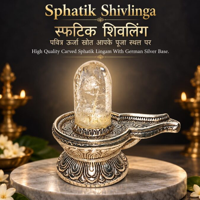 Sphatik Shivlinga | स्फटिक शिवलिंग (High Quality Carved Sphatik Lingam With German Silver Base)