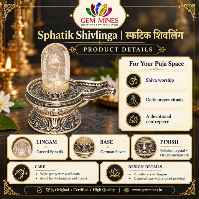 Sphatik Shivlinga | स्फटिक शिवलिंग (High Quality Carved Sphatik Lingam With German Silver Base)