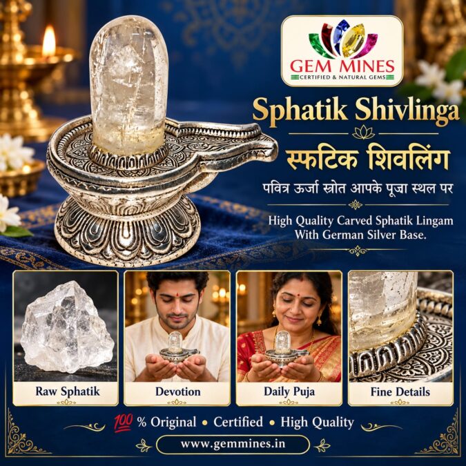 Sphatik Shivlinga | स्फटिक शिवलिंग (High Quality Carved Sphatik Lingam With German Silver Base)