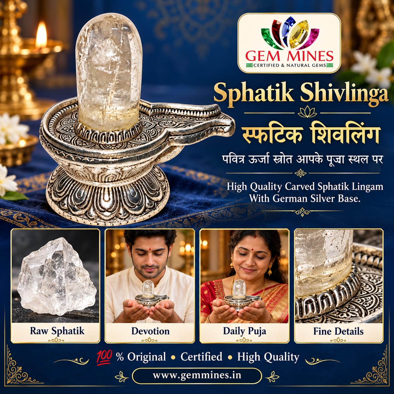 Sphatik Shivlinga | स्फटिक शिवलिंग (High Quality Carved Sphatik Lingam With German Silver Base)