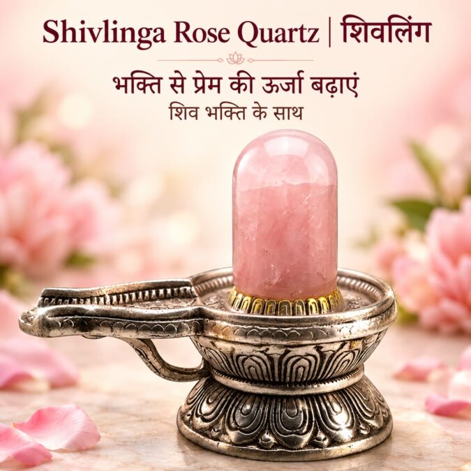 Shivlinga Rose Quartz | शिवलिंग (Rose Quartz Lingam, German Silver Shivling Idol for Temple Decor & Gift