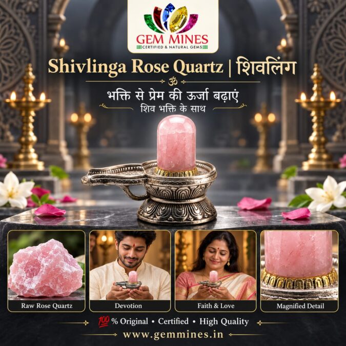 Shivlinga Rose Quartz | शिवलिंग (Rose Quartz Lingam, German Silver Shivling Idol for Temple Decor & Gift