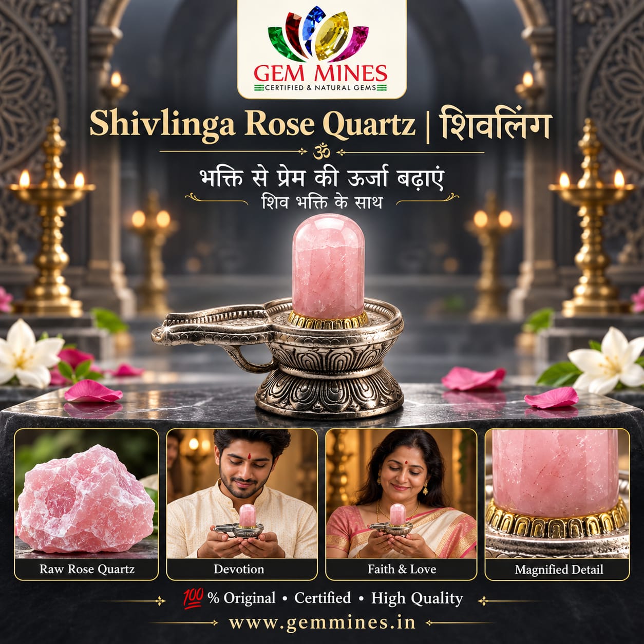 Shivlinga Rose Quartz | शिवलिंग (Rose Quartz Lingam, German Silver Shivling Idol for Temple Decor & Gift
