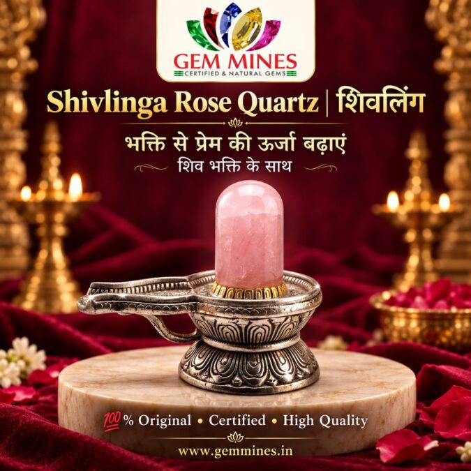 Shivlinga Rose Quartz | शिवलिंग (Rose Quartz Lingam, German Silver Shivling Idol for Temple Decor & Gift