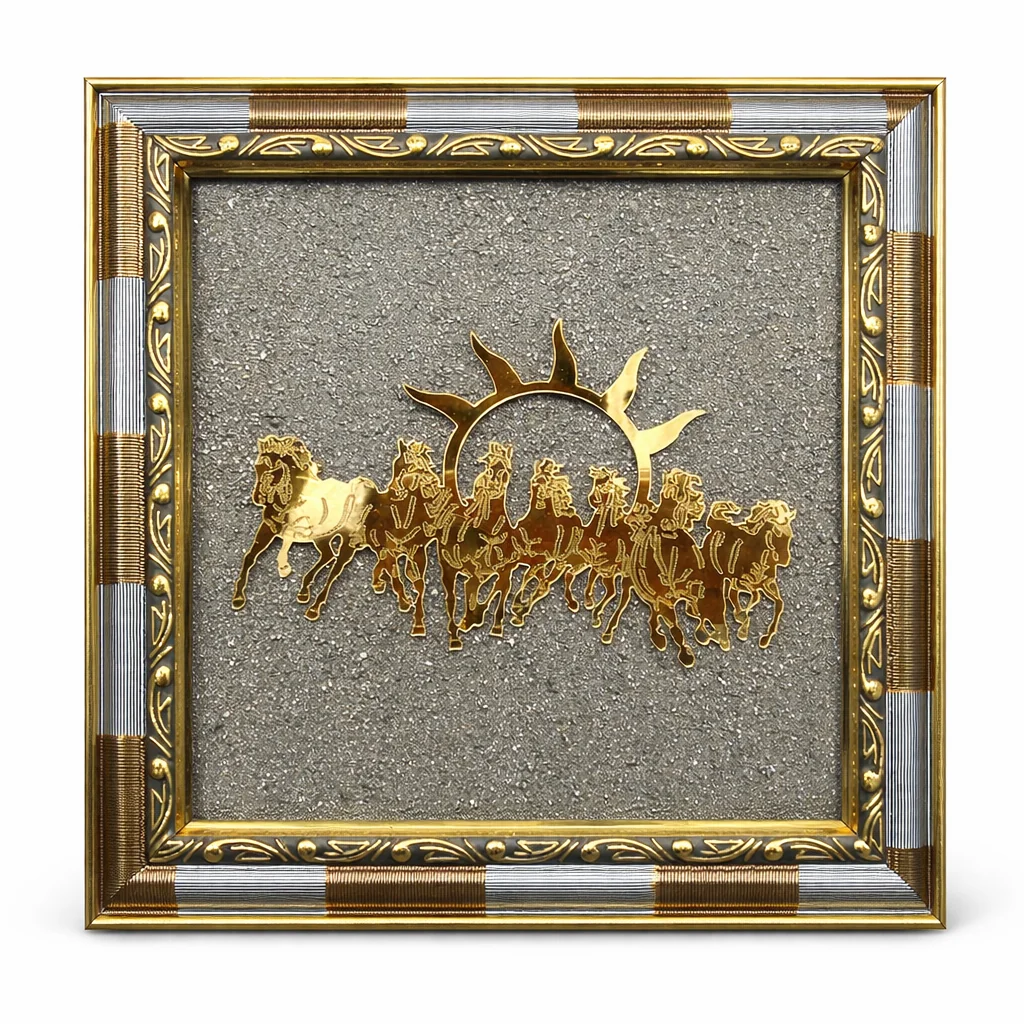 7 Horses on Raw Pyrite Frame Wall Decor Brings Money & Abundance | Pooja Decorative Items for Home & Office | Gift