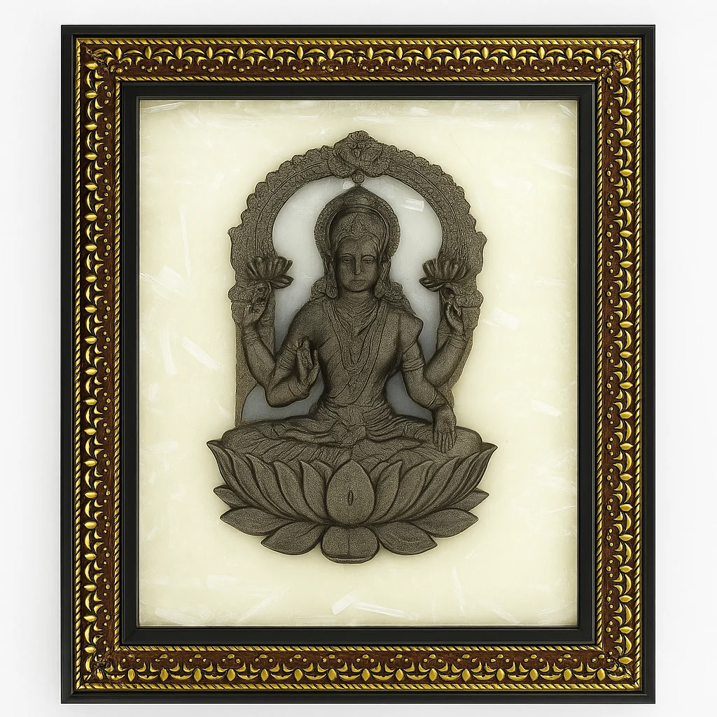 Pyrite Lakshmi Ji on Selenite Frame | Pyrite Stone Brings Money & Abundance | Maa Lakshmi Pooja Decorative Items for Home & Office | Gift Diwali
