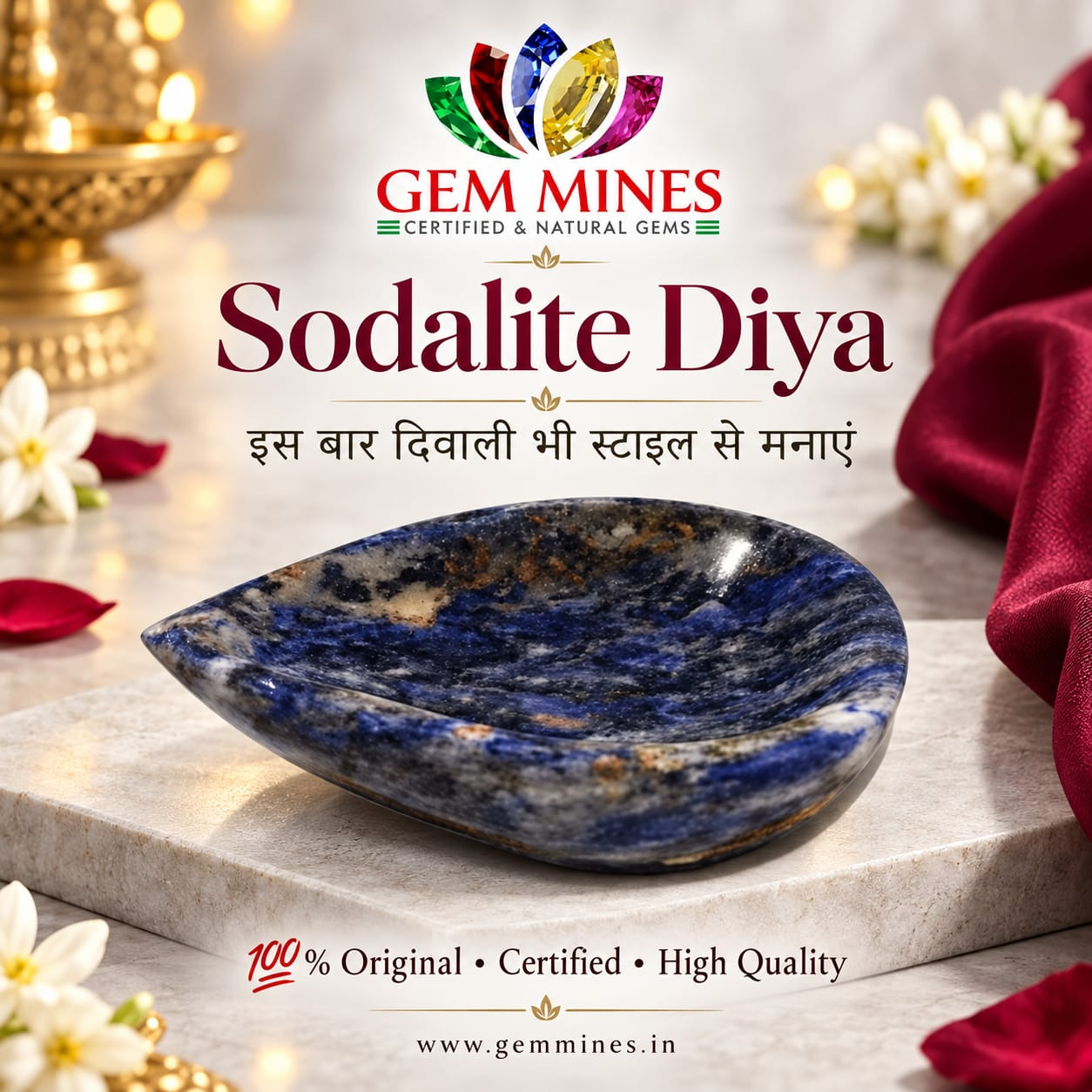 Diya 🪔 दिया – Sodalite Bowl – Vastu Remedy for Protection, Wisdom & Abundance & Diwali celebration gift. Feng Shui Wealth & Protection Diya.