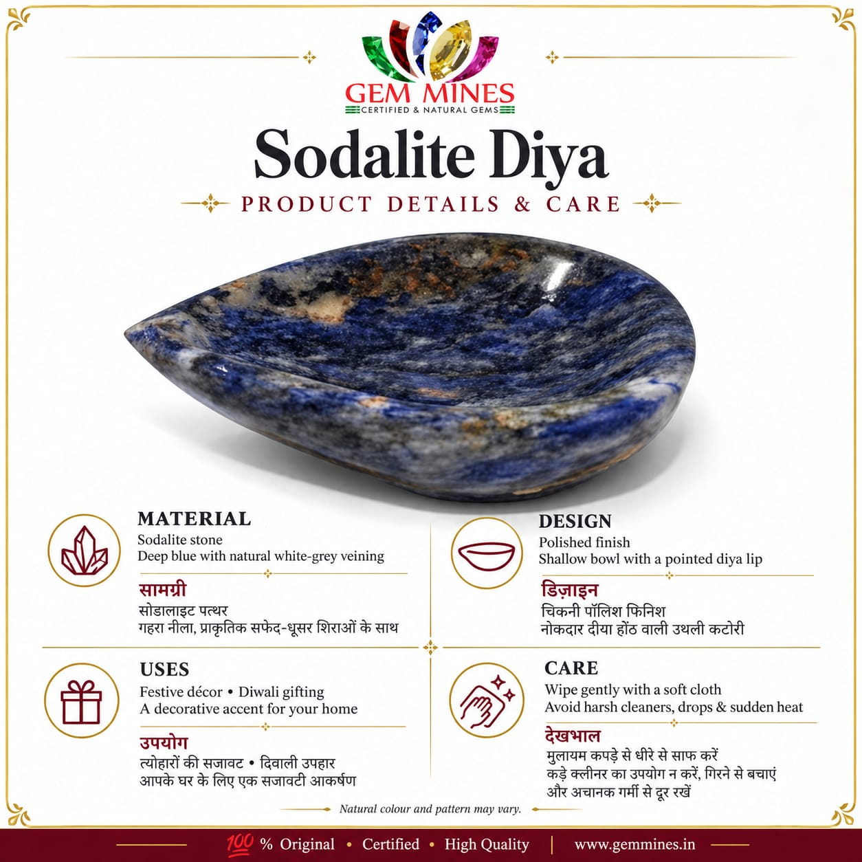 Diya 🪔 दिया – Sodalite Bowl – Vastu Remedy for Protection, Wisdom & Abundance & Diwali celebration gift. Feng Shui Wealth & Protection Diya.