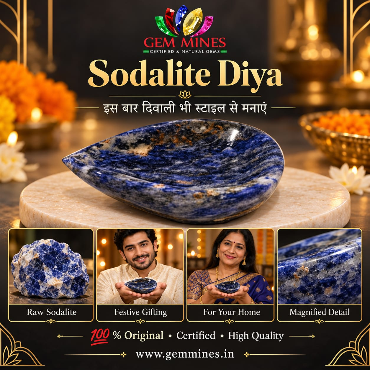 Diya 🪔 दिया – Sodalite Bowl – Vastu Remedy for Protection, Wisdom & Abundance & Diwali celebration gift. Feng Shui Wealth & Protection Diya.