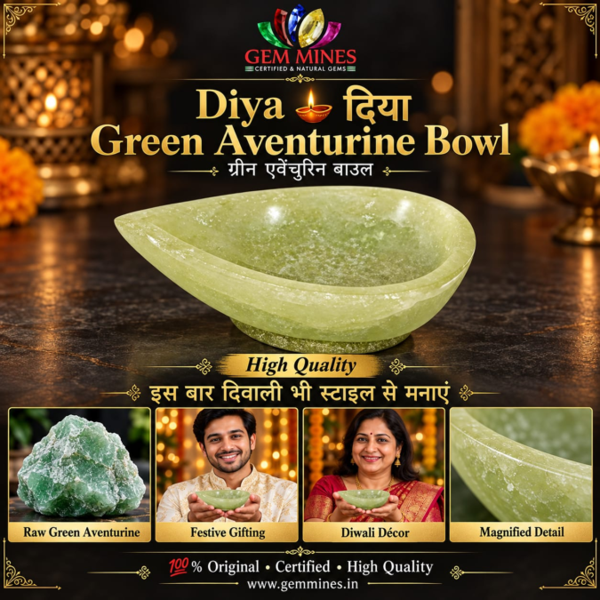 Diya 🪔 दिया – Green Aventurine Bowl – Vastu Remedy for Crystal Cleansing, Activation & Diwali Puja, celebration gift. Feng Shui Wealth & Protection Diya.