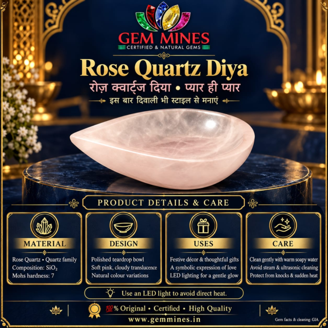 Diya 🪔 दिया – Rose Quartz Bowl – Vastu Remedy for Love life, Protection, Wisdom & Abundance & Diwali celebration gift. Feng Shui Wealth & Protection Diya.